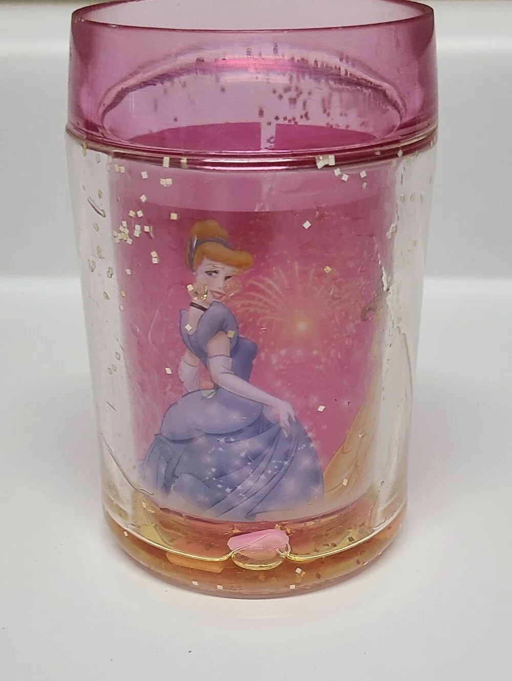 Vintage Disney Store Princess Glitter Tumbler Cup Cinderella Belle Aurora AS IS
